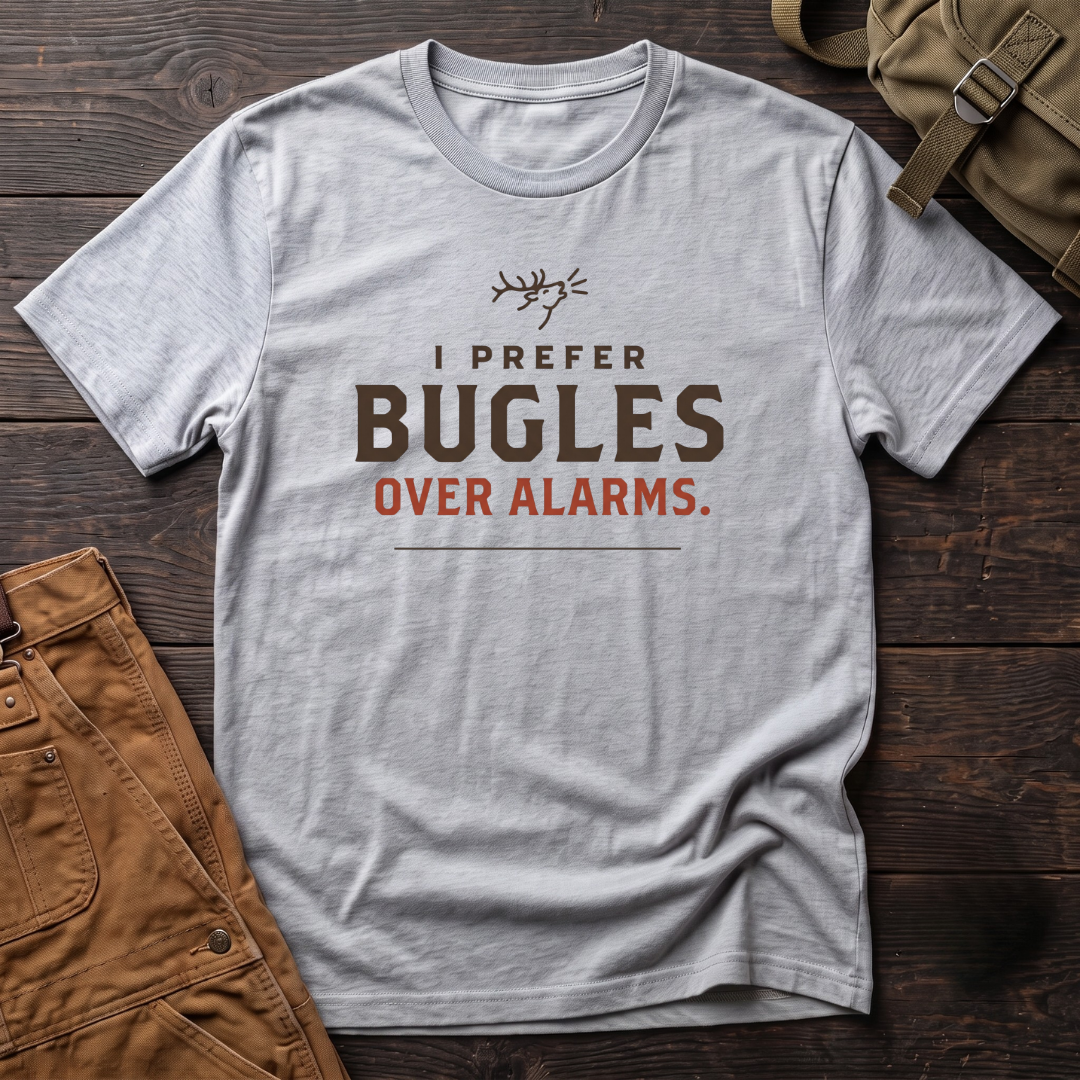 Athletic Heather funny elk hunting t-shirt with I Prefer Bugles Over Alarms. lettering and a bugling elk sketch