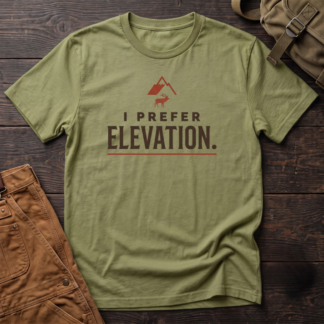 Heather Green hunting t-shirt with I Prefer Elevation. lettering and a red mountain with an elk