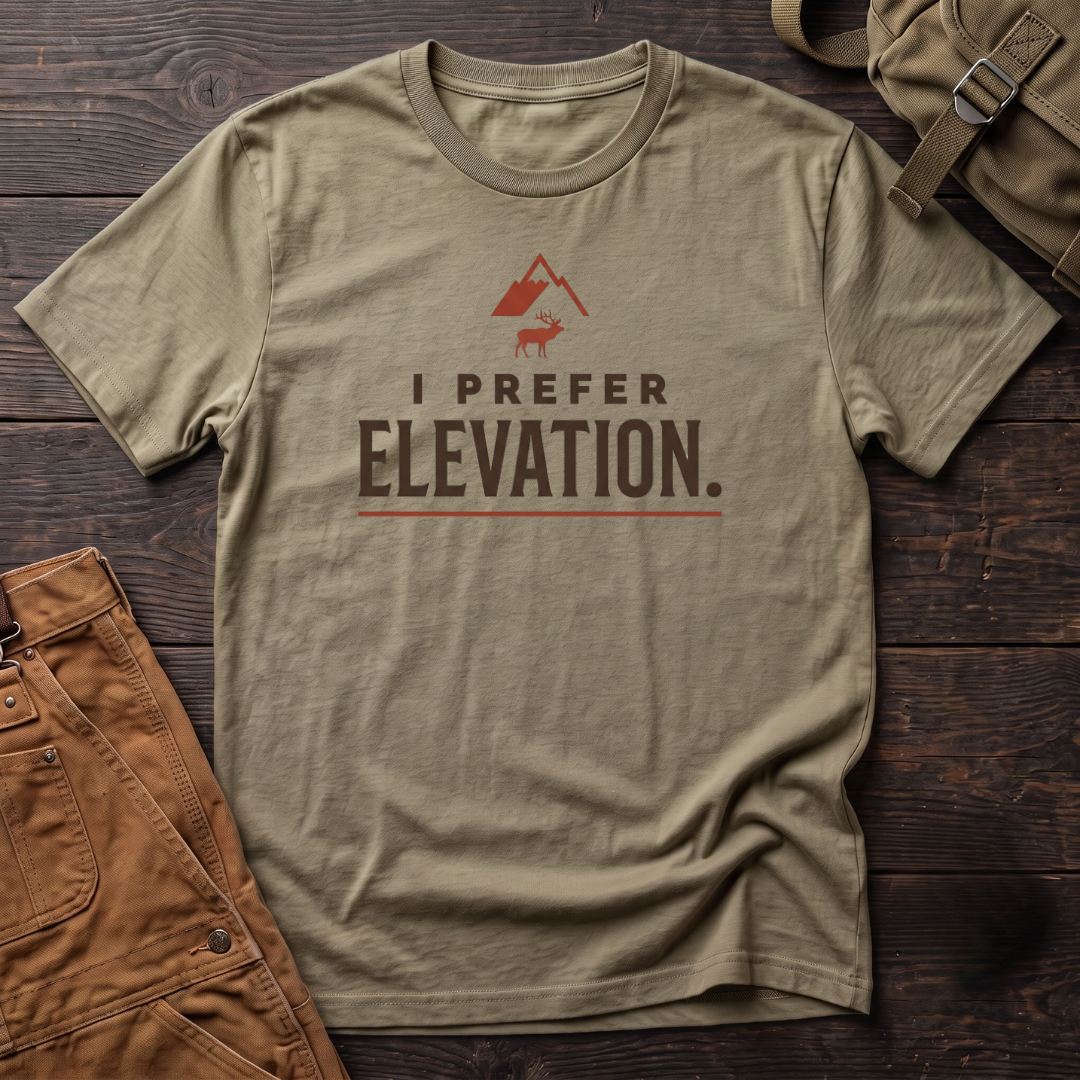 Heather Olive hunting t-shirt with I Prefer Elevation. lettering and a red mountain with an elk