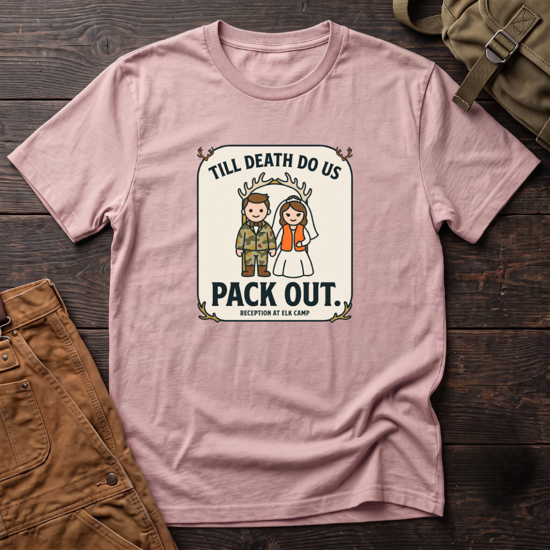 Pink funny hunting wedding t-shirt with a Till Death Do Us Pack Out badge, a camo groom, a bride in blaze orange and Reception At Elk Camp