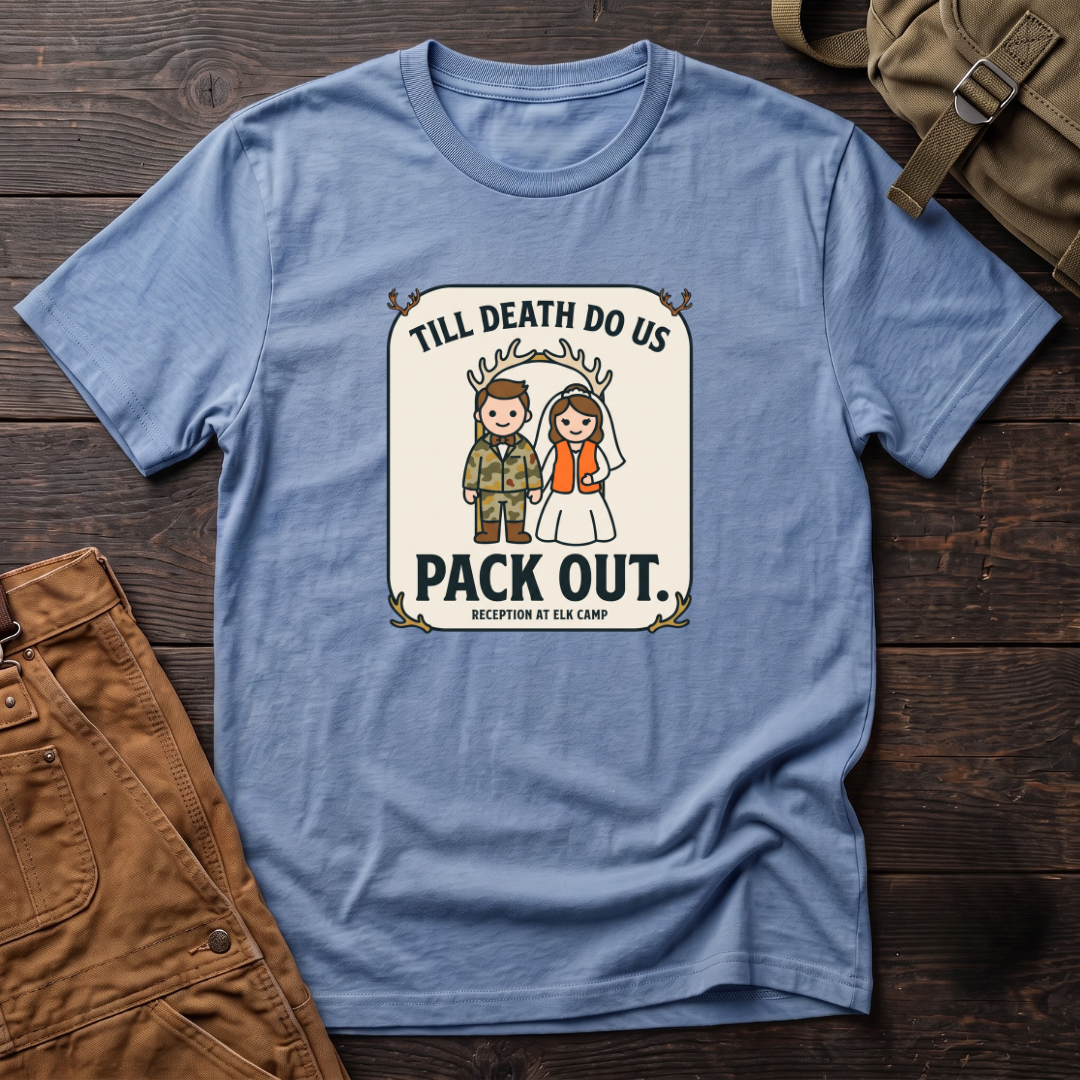 Heather Columbia Blue funny hunting wedding t-shirt with a Till Death Do Us Pack Out badge, a camo groom, a bride in blaze orange and Reception At Elk Camp