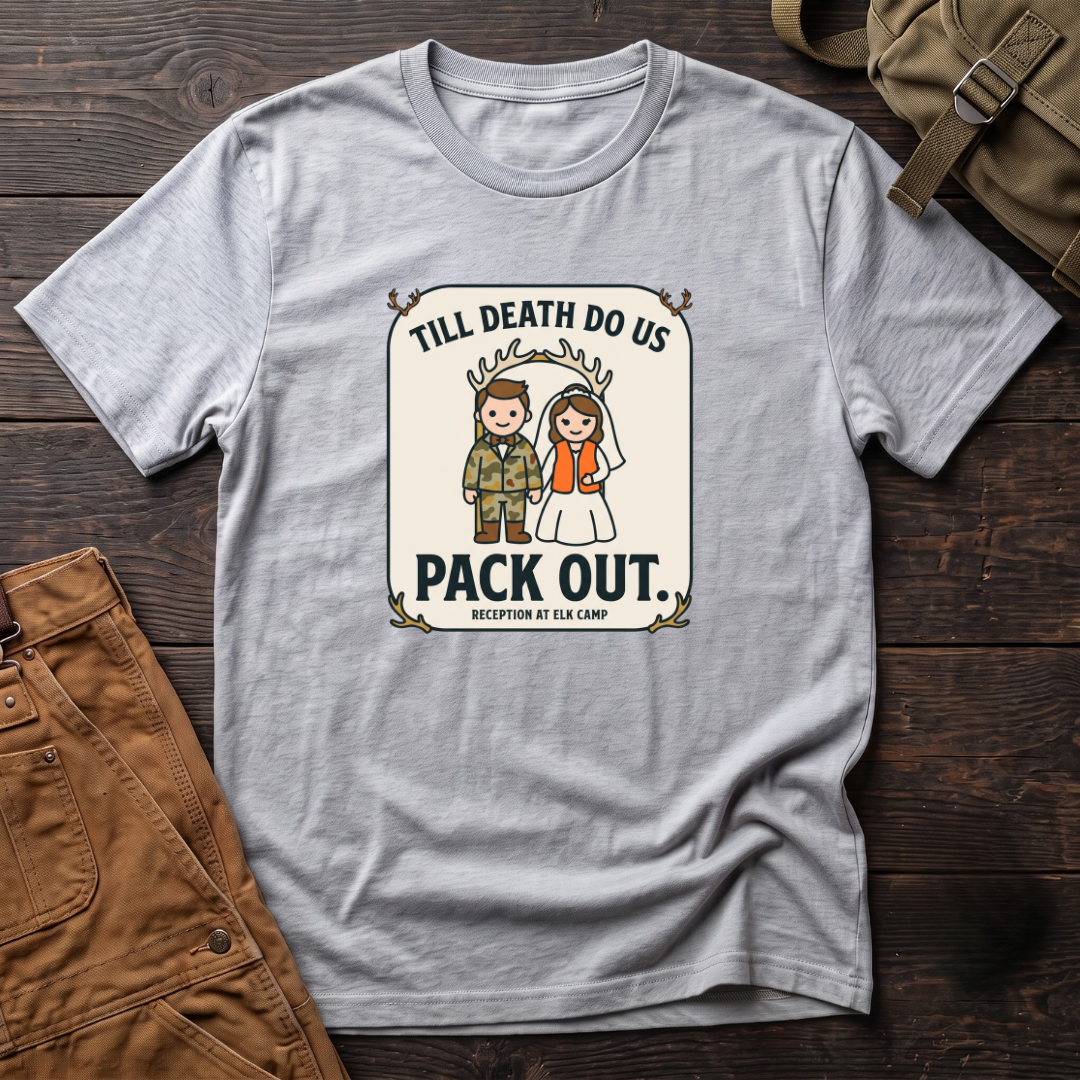 Athletic Heather funny hunting wedding t-shirt with a Till Death Do Us Pack Out badge, a camo groom, a bride in blaze orange and Reception At Elk Camp
