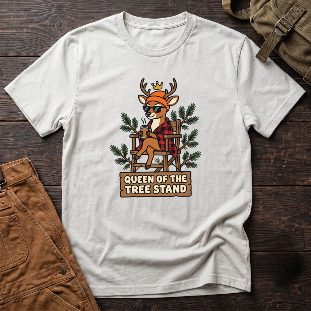 White funny women's hunting t-shirt with a crowned deer in sunglasses and red flannel sitting in a tree stand above a Queen Of The Tree Stand sign