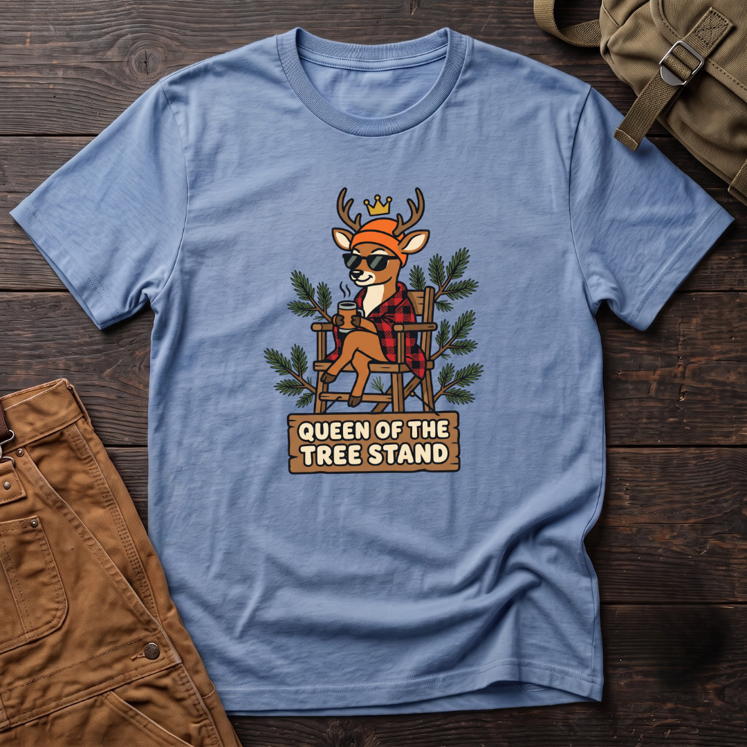 Heather Columbia Blue funny women's hunting t-shirt with a crowned deer in sunglasses and red flannel sitting in a tree stand above a Queen Of The Tree Stand sign