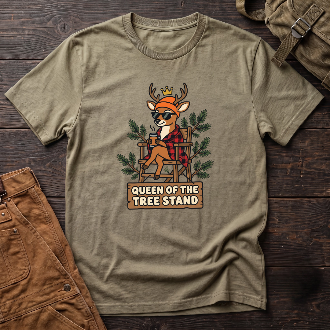 Heather Olive funny women's hunting t-shirt with a crowned deer in sunglasses and red flannel sitting in a tree stand above a Queen Of The Tree Stand sign