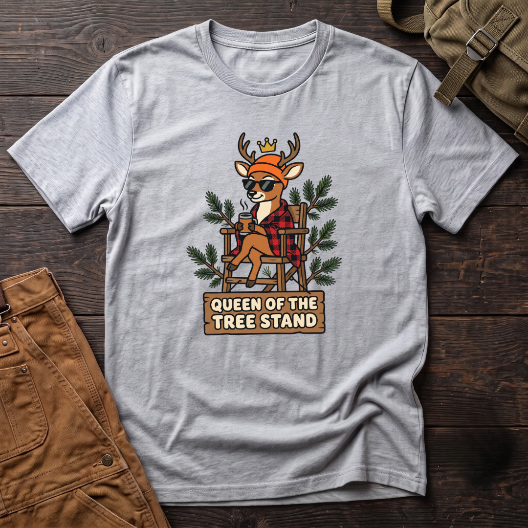 Athletic Heather funny women's hunting t-shirt with a crowned deer in sunglasses and red flannel sitting in a tree stand above a Queen Of The Tree Stand sign