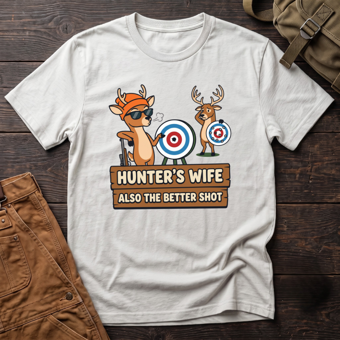 White funny hunter's wife t-shirt with Hunter's Wife Also The Better Shot sign and two cartoon deer with archery targets, one hit dead center