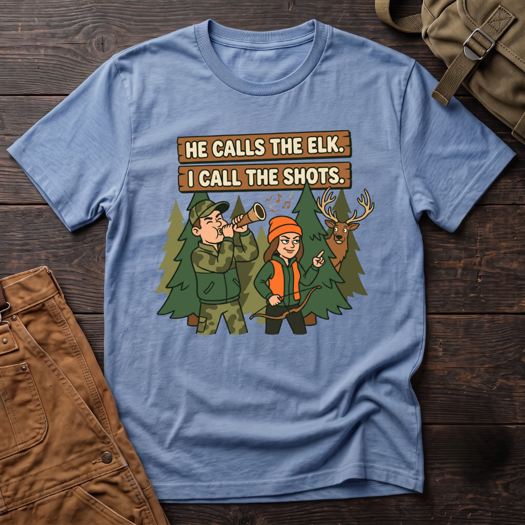 Heather Columbia Blue funny hunting couple t-shirt with He Calls The Elk. I Call The Shots. signs, a husband with an elk call, his wife with a bow and a bull elk