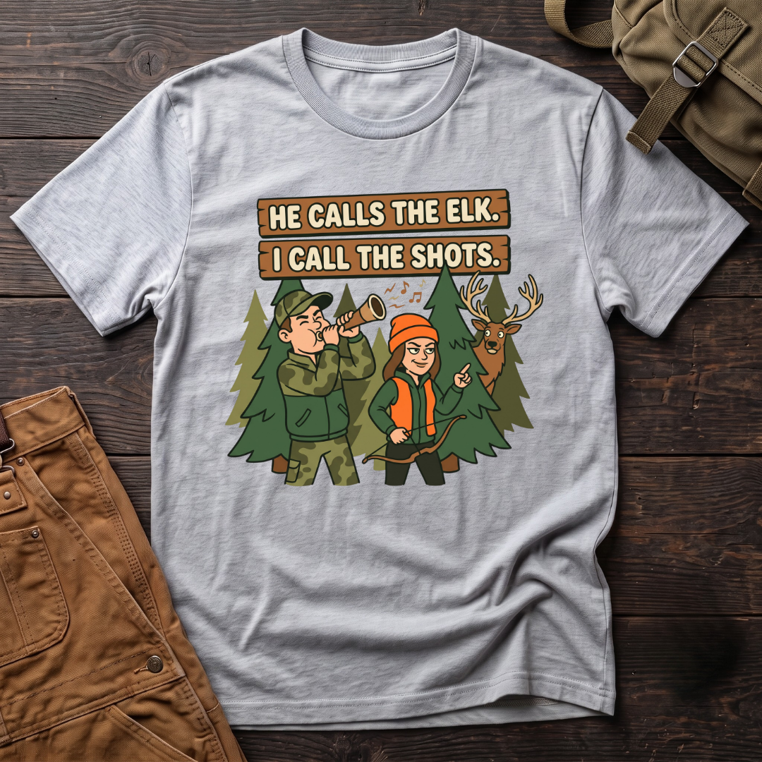 Athletic Heather funny hunting couple t-shirt with He Calls The Elk. I Call The Shots. signs, a husband with an elk call, his wife with a bow and a bull elk