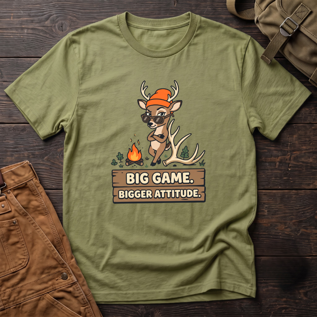 Heather Green funny women's hunting t-shirt with Big Game. Bigger Attitude. on a wood sign and a cartoon deer in sunglasses and a blaze orange beanie