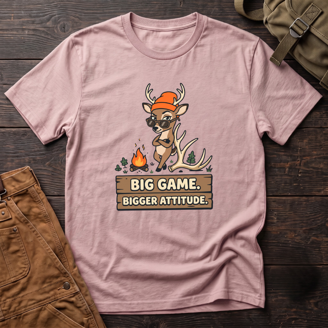 Pink funny women's hunting t-shirt with Big Game. Bigger Attitude. on a wood sign and a cartoon deer in sunglasses and a blaze orange beanie