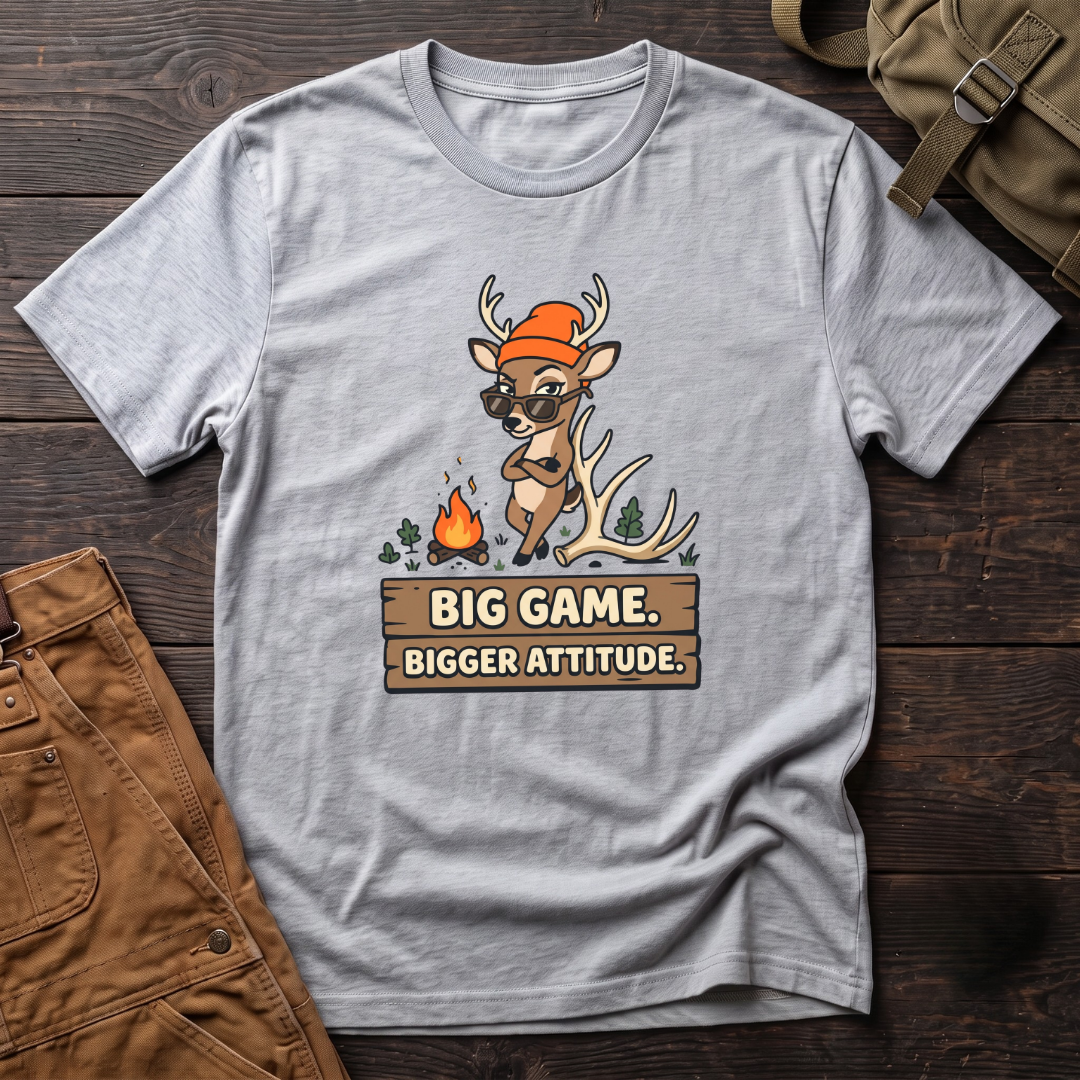 Athletic Heather funny women's hunting t-shirt with Big Game. Bigger Attitude. on a wood sign and a cartoon deer in sunglasses and a blaze orange beanie