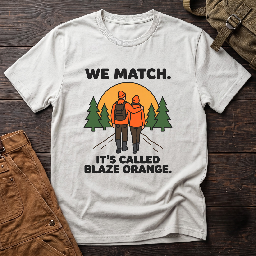 White funny hunting couple t-shirt with We Match. It's Called Blaze Orange. text and a hunting couple in blaze orange walking toward a sunset between pine trees