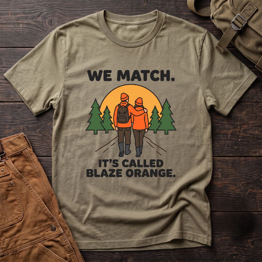 Heather Olive funny hunting couple t-shirt with We Match. It's Called Blaze Orange. text and a hunting couple in blaze orange walking toward a sunset between pine trees