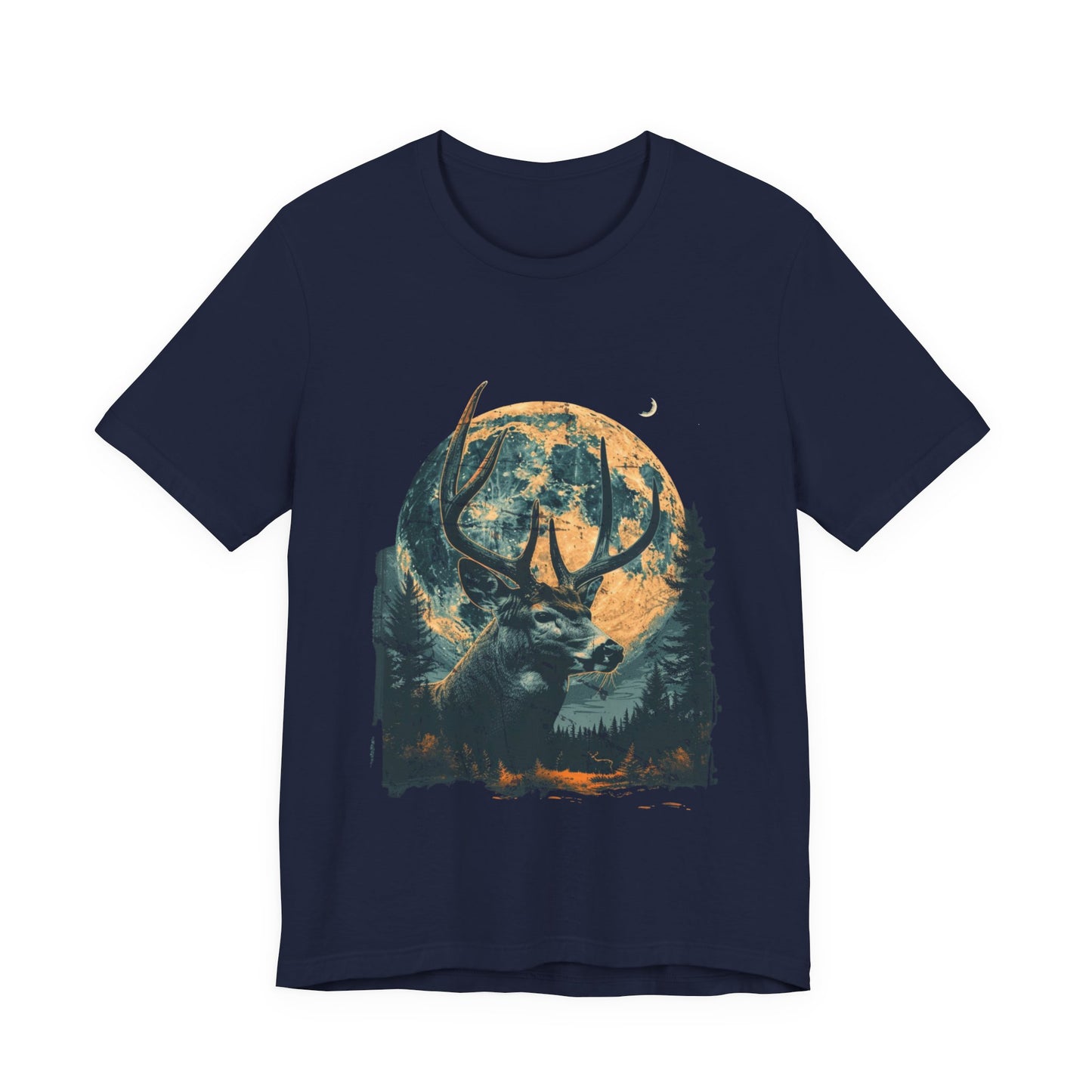 Full moon whitetail deer graphic t-shirt in navy on a white background featuring the bold teal and amber buck and moon wildlife design.