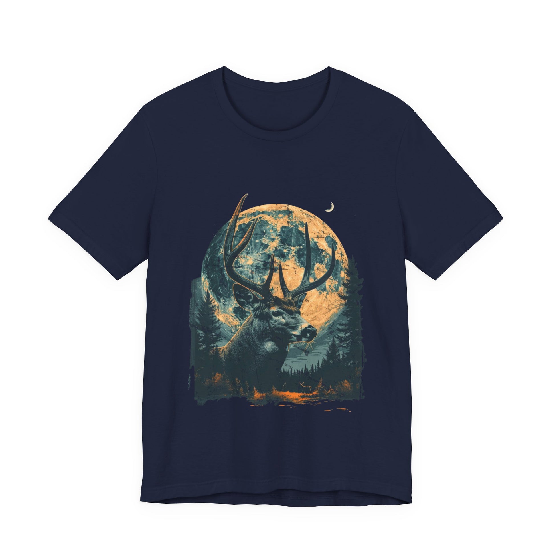 Full moon whitetail deer graphic t-shirt in navy on a white background featuring the bold teal and amber buck and moon wildlife design.