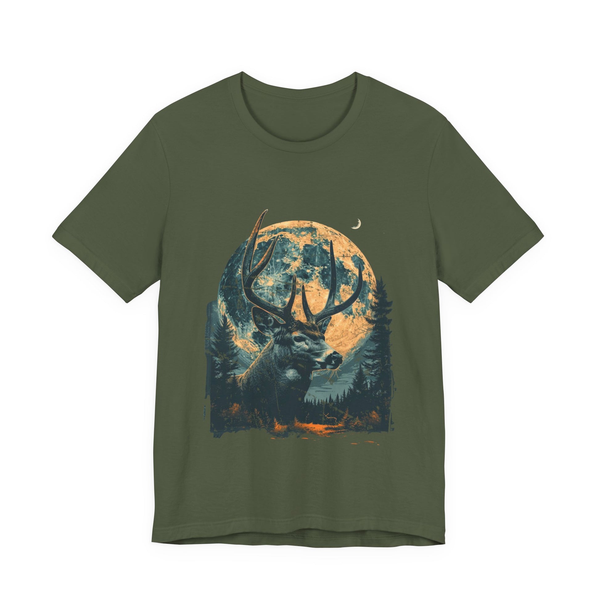 Whitetail buck full moon nature graphic tee in military green on a white background with detailed painterly deer and moon wildlife artwork.