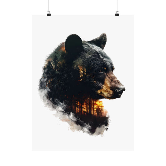 Black bear double exposure wildlife poster hanging from binder clips against a white background showing the full unframed print with detailed bear fur, pine forest, amber fire light, and lone hunter figure.