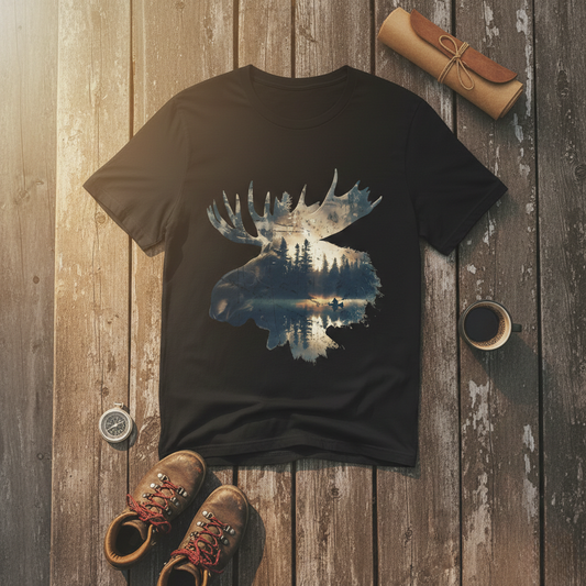 Moose double exposure wilderness graphic t-shirt in black laid flat on a wood surface beside hiking boots, a compass, a rolled leather item, and a black coffee cup.