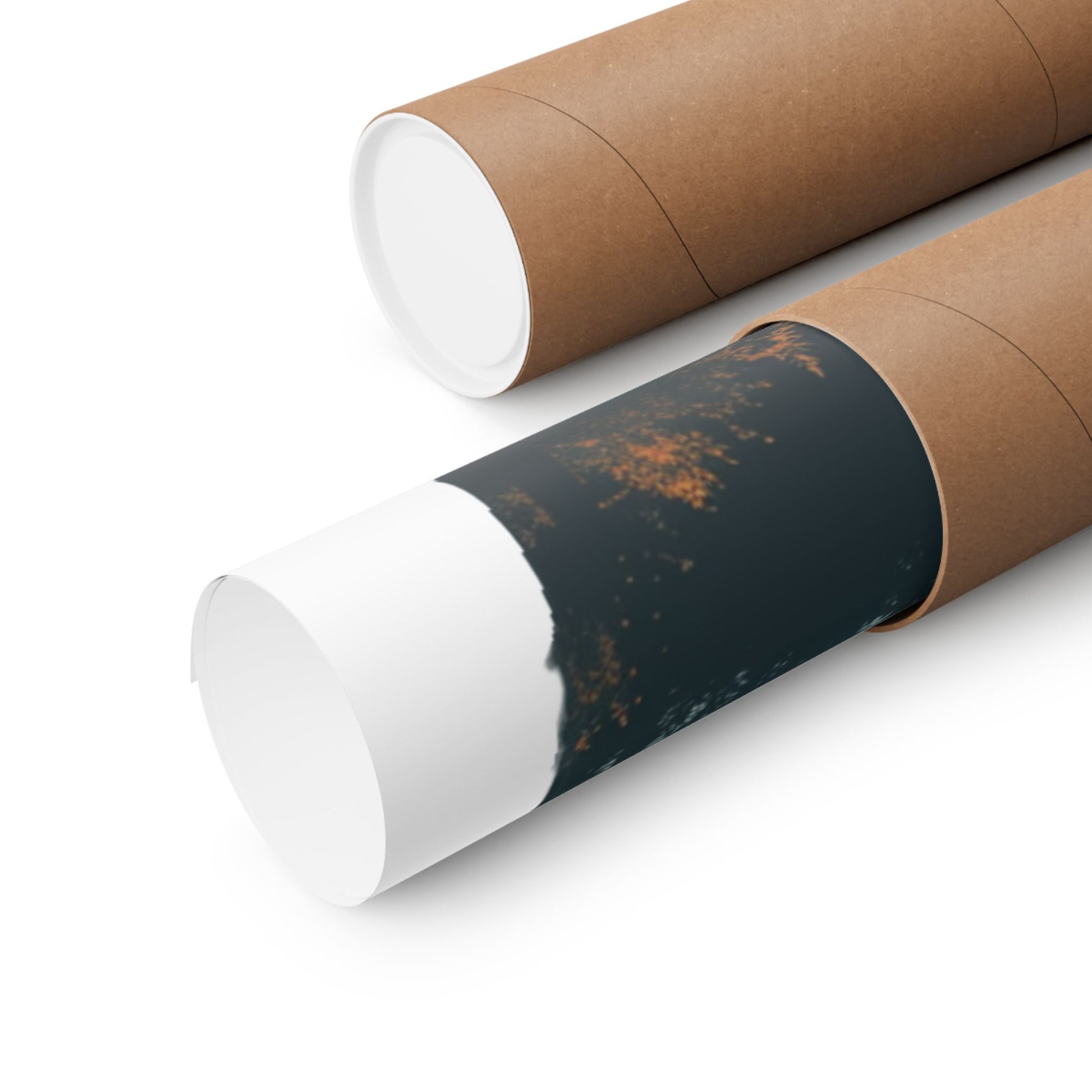 Whitetail buck full moon wildlife art print shown partially rolled inside a cardboard shipping tube, demonstrating how the poster is packaged for safe delivery.