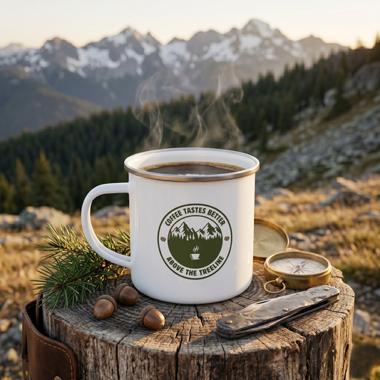 Coffee Tastes Better Above the Treeline enamel camp mug steaming with black coffee on a weathered wooden stump at alpine elevation, surrounded by pine sprigs, acorns, a compass, and a folding knife, with snow-capped mountain peaks in the background.