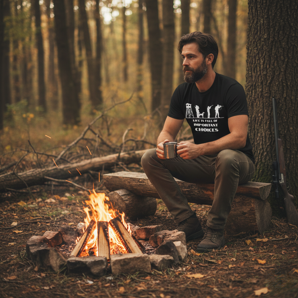 Man wearing the Life is Full of Important Choices hunting t-shirt in black while sitting on a log beside a campfire in an autumn forest, a rifle leaning against a tree nearby.