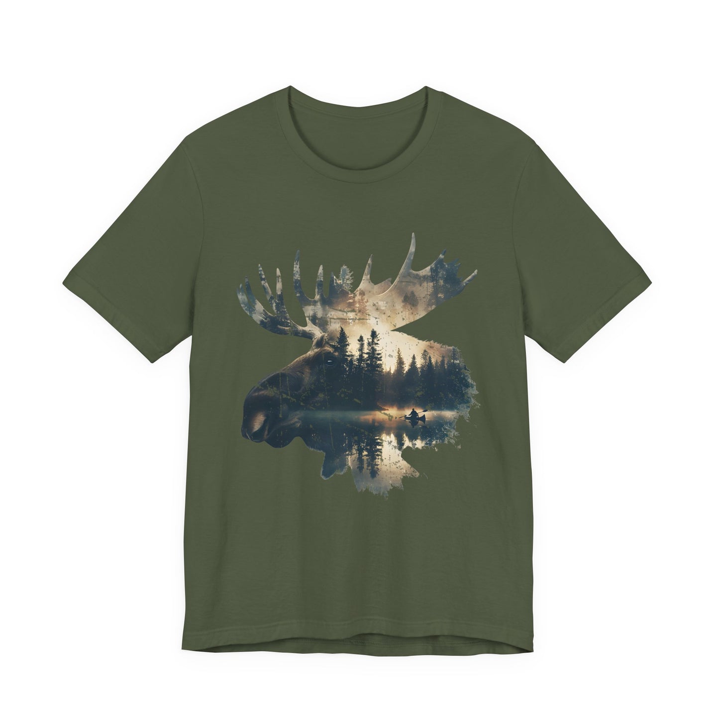 Moose head wilderness graphic tee in military green on a white background showing the double exposure canoe lake and forest design inside the bull moose silhouette.
