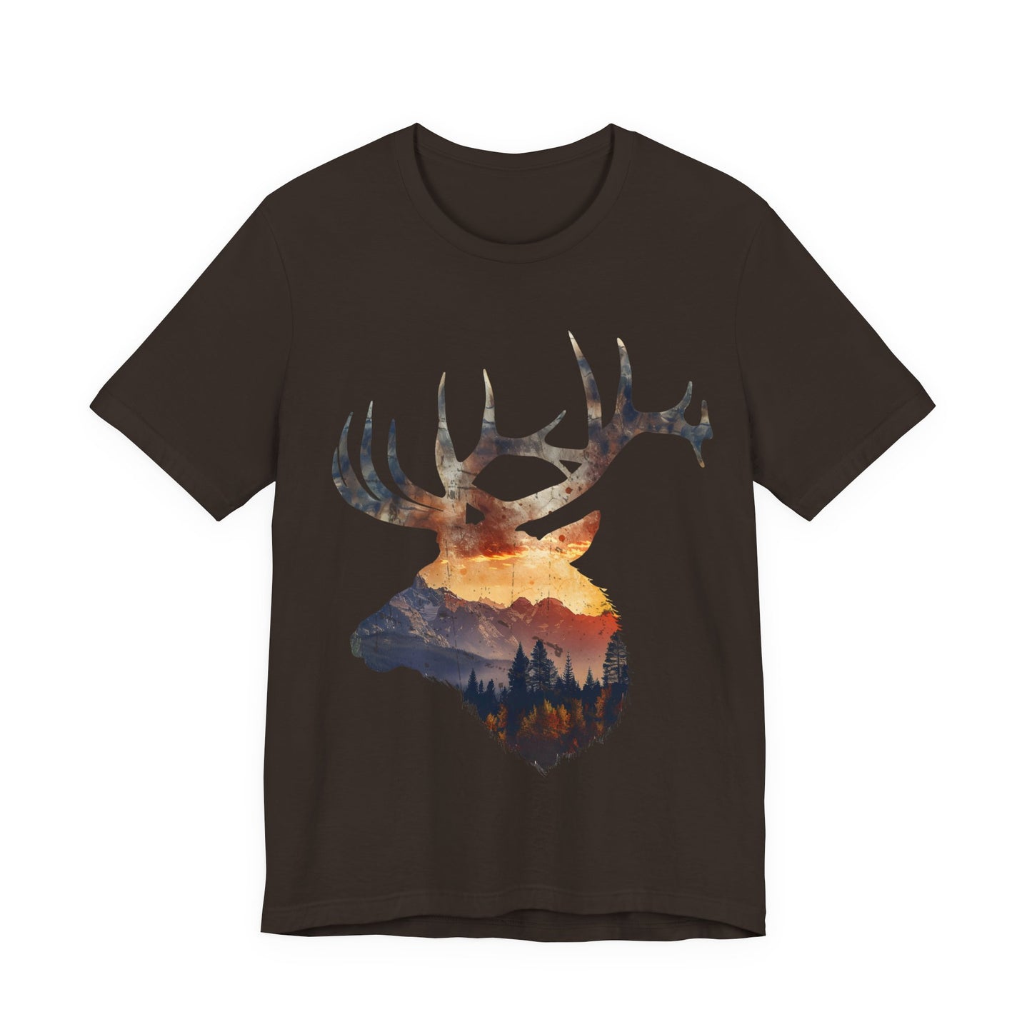 Elk mountain sunset nature graphic shirt in brown on a white background with bold full-color double exposure elk and alpine landscape print across the chest.