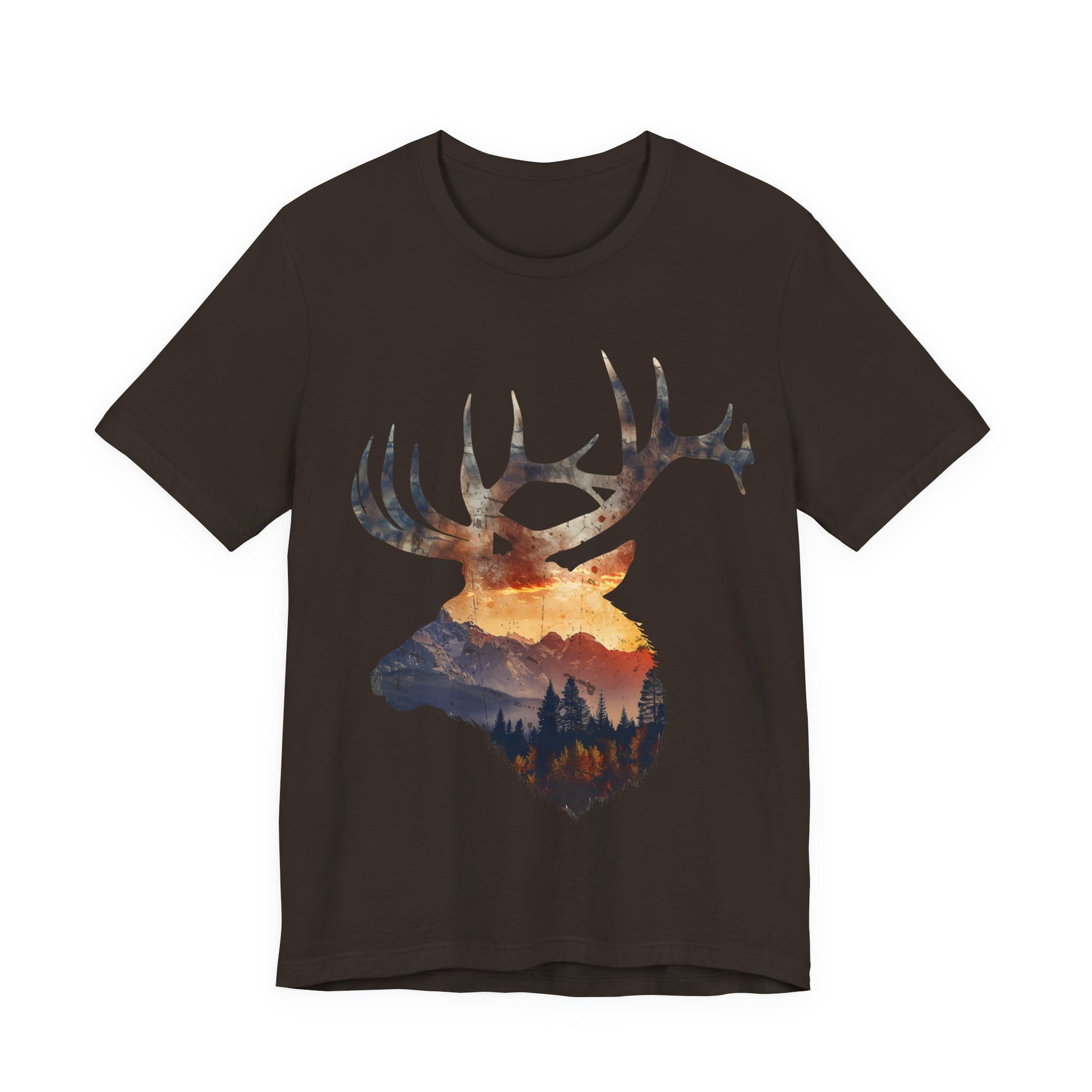 Elk mountain sunset nature graphic shirt in brown on a white background with bold full-color double exposure elk and alpine landscape print across the chest.