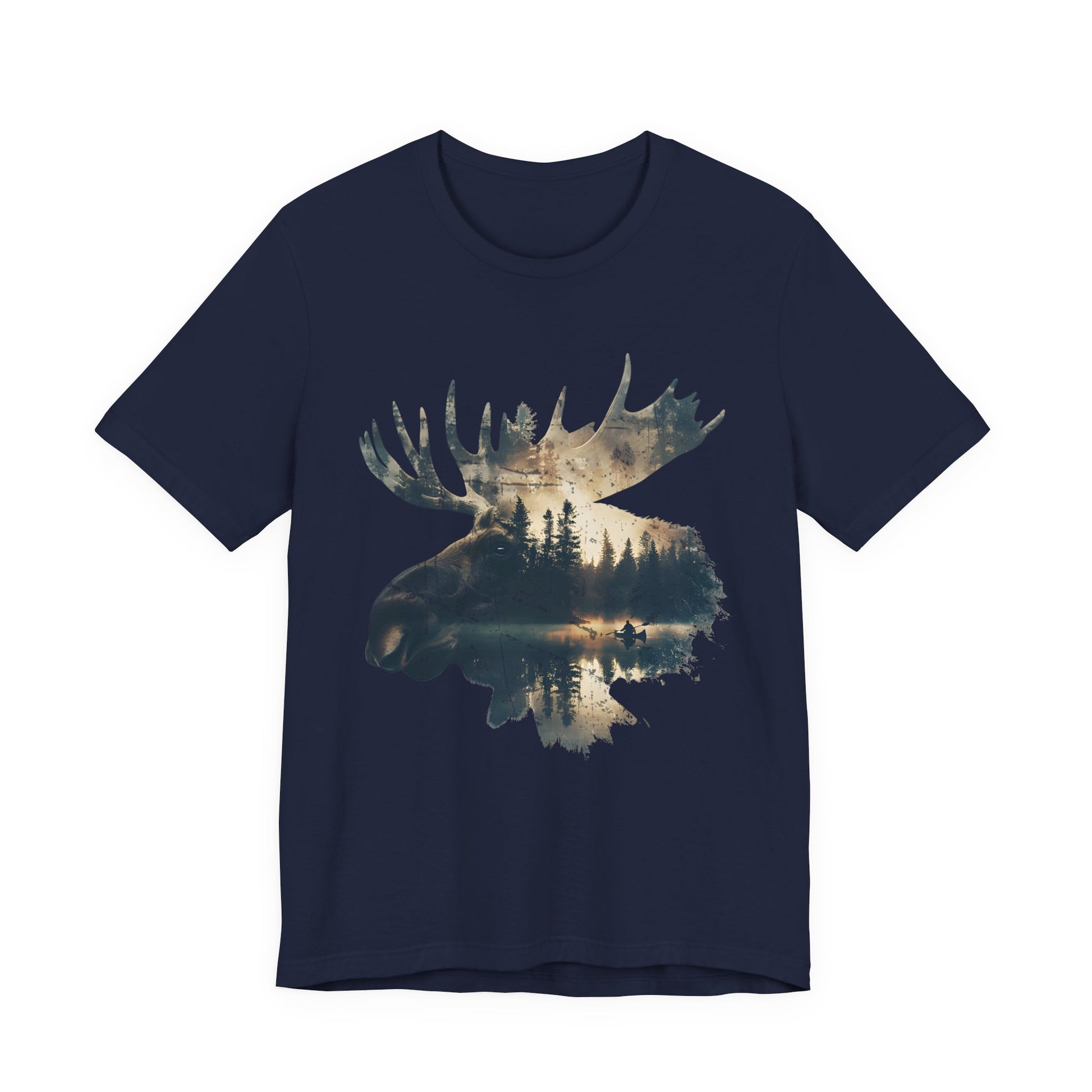 Moose double exposure wildlife graphic t-shirt in navy on a white background featuring the canoe lake forest dawn scene within the bull moose head silhouette.
