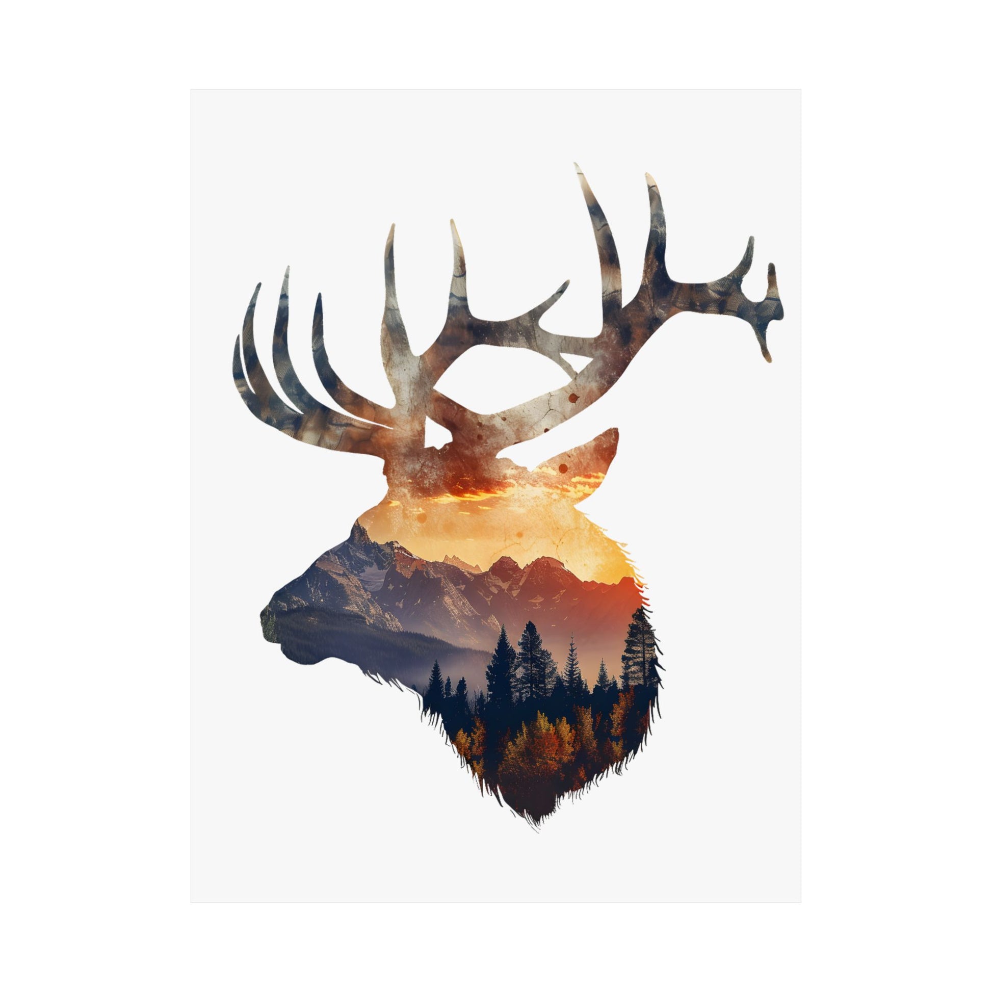 Elk mountain sunset double exposure wildlife art print on a white background showing the full bull elk silhouette with alpine ridgelines, fiery sky, and fall aspens at 18 x 24 inches.