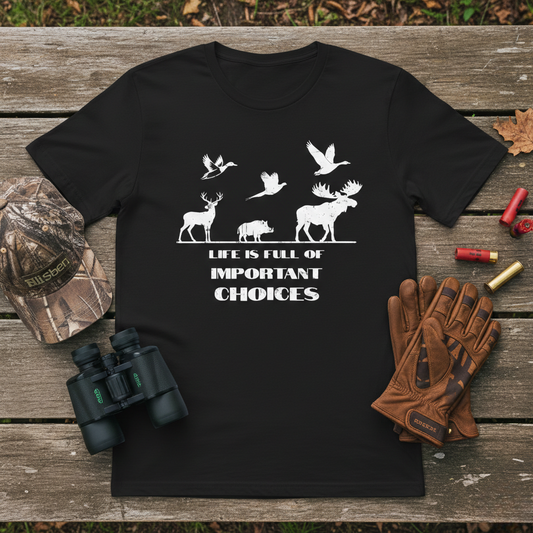 Life is Full of Important Choices game animals hunting t-shirt in black laid flat on a wood surface beside a camo cap, binoculars, leather gloves, and shotgun shells.