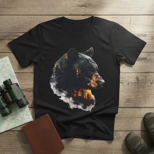 Black bear double exposure forest graphic t-shirt in black laid flat on a wood surface beside binoculars, a map, a leather journal, and tactical boots.