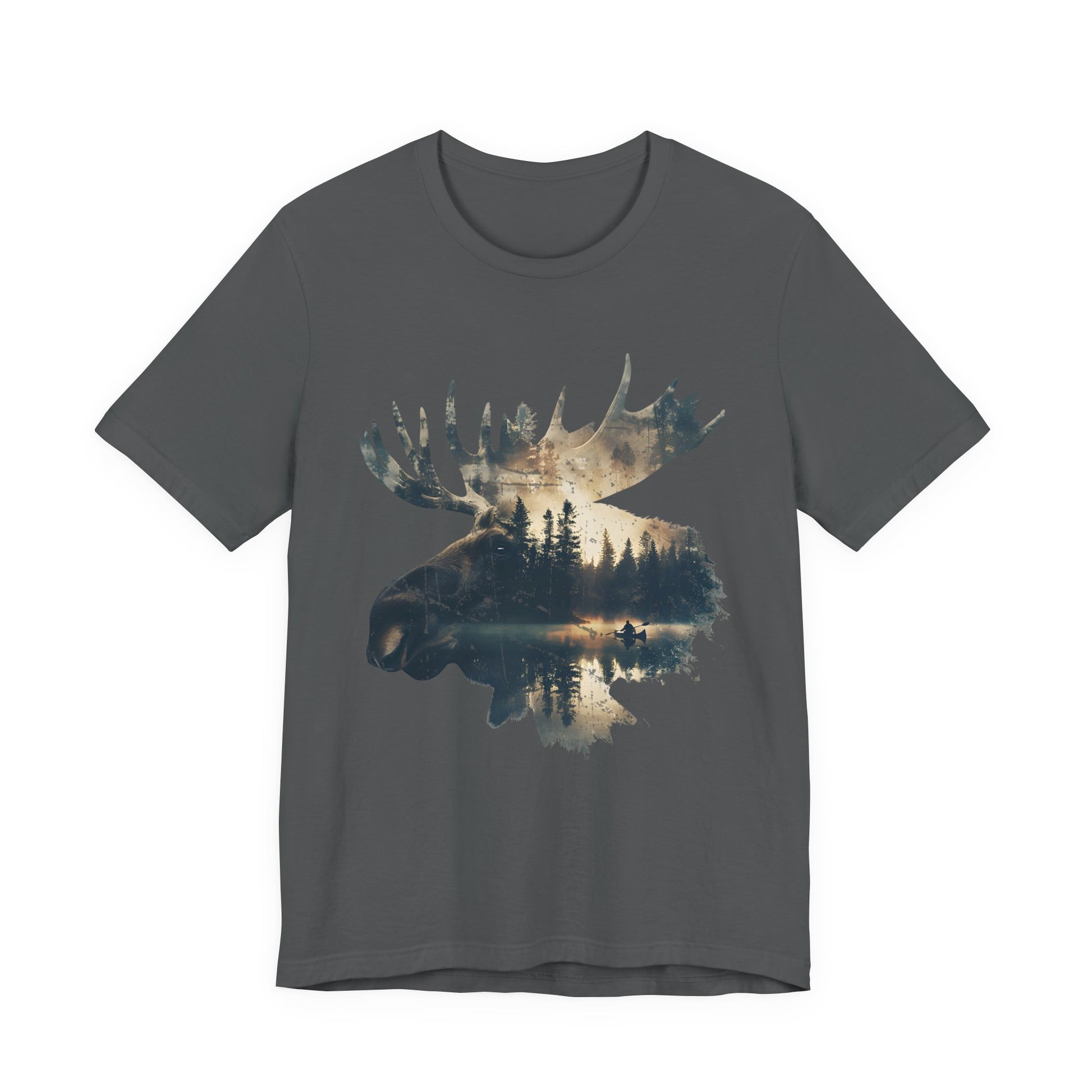 Moose head double exposure wildlife graphic tee in asphalt on a white background showing the full canoe lake and forest landscape within the moose silhouette.