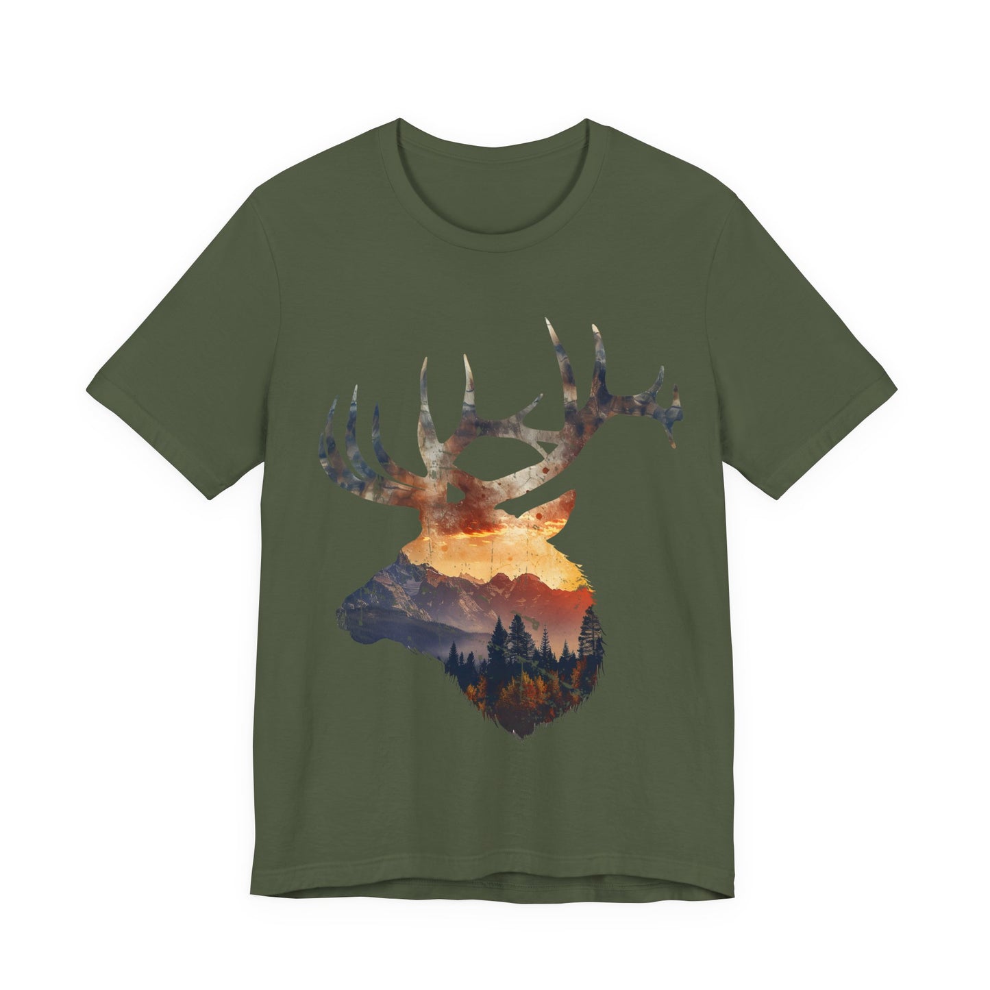 Bull elk double exposure mountain graphic tee in military green on a white background showing the fiery sunset and alpine landscape inside the elk head silhouette.