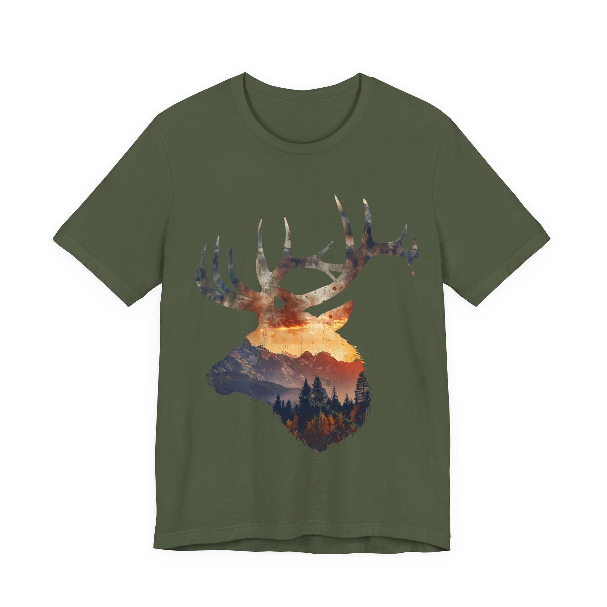 Bull elk double exposure mountain graphic tee in military green on a white background showing the fiery sunset and alpine landscape inside the elk head silhouette.