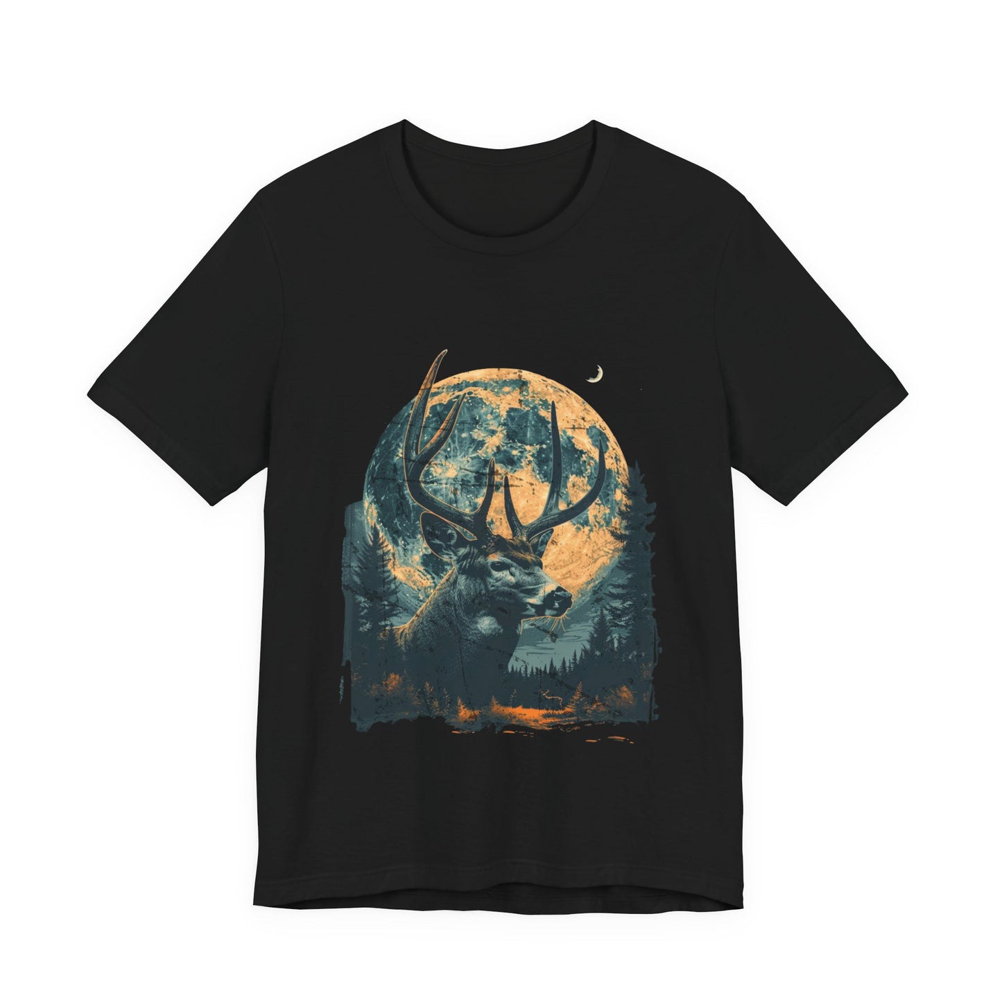 Whitetail deer graphic tee in black on a white background featuring a detailed buck against a full moon with deep teal pine forest and amber accents.
