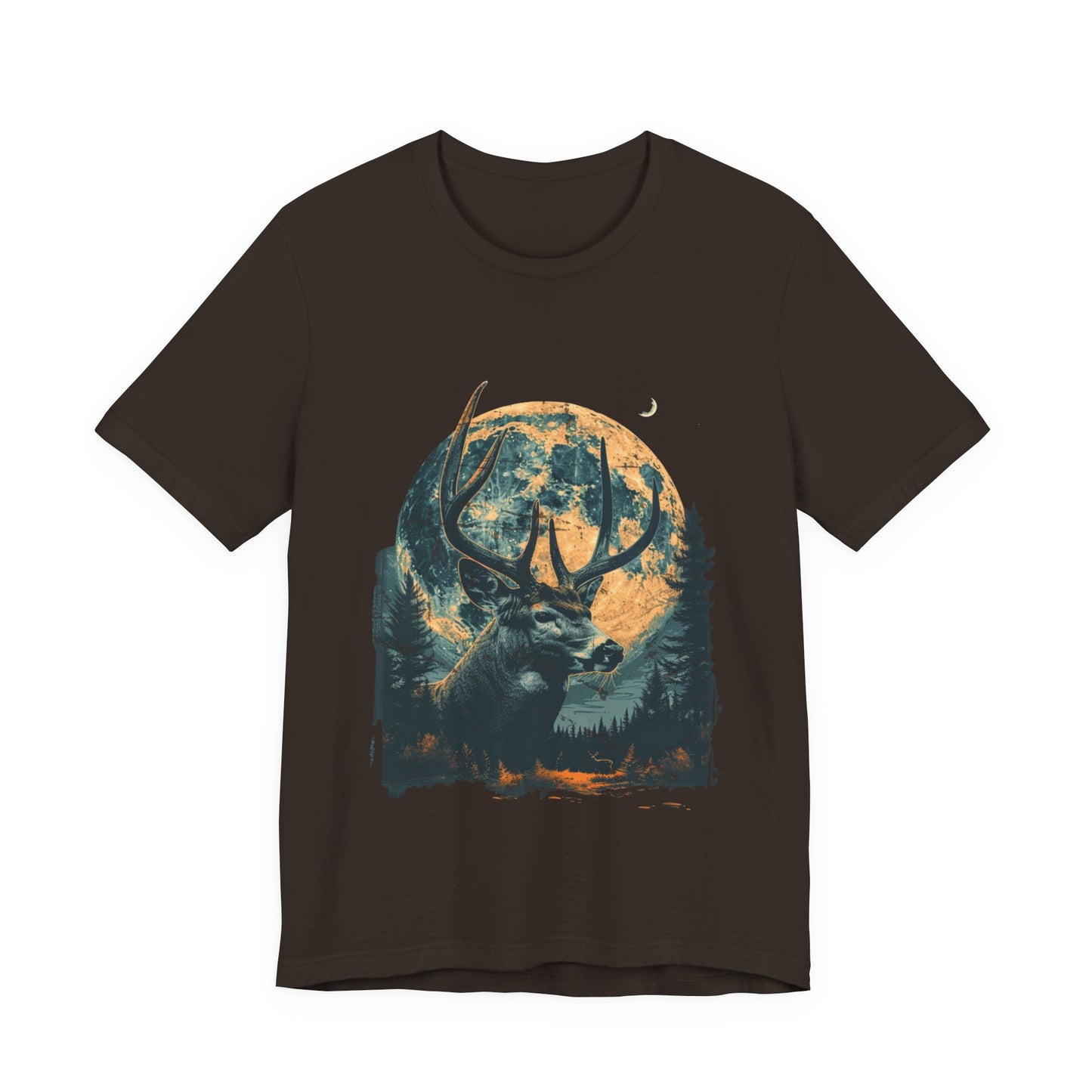 Full moon buck hunting graphic shirt in brown on a white background with vivid teal and amber wildlife art print across the chest.