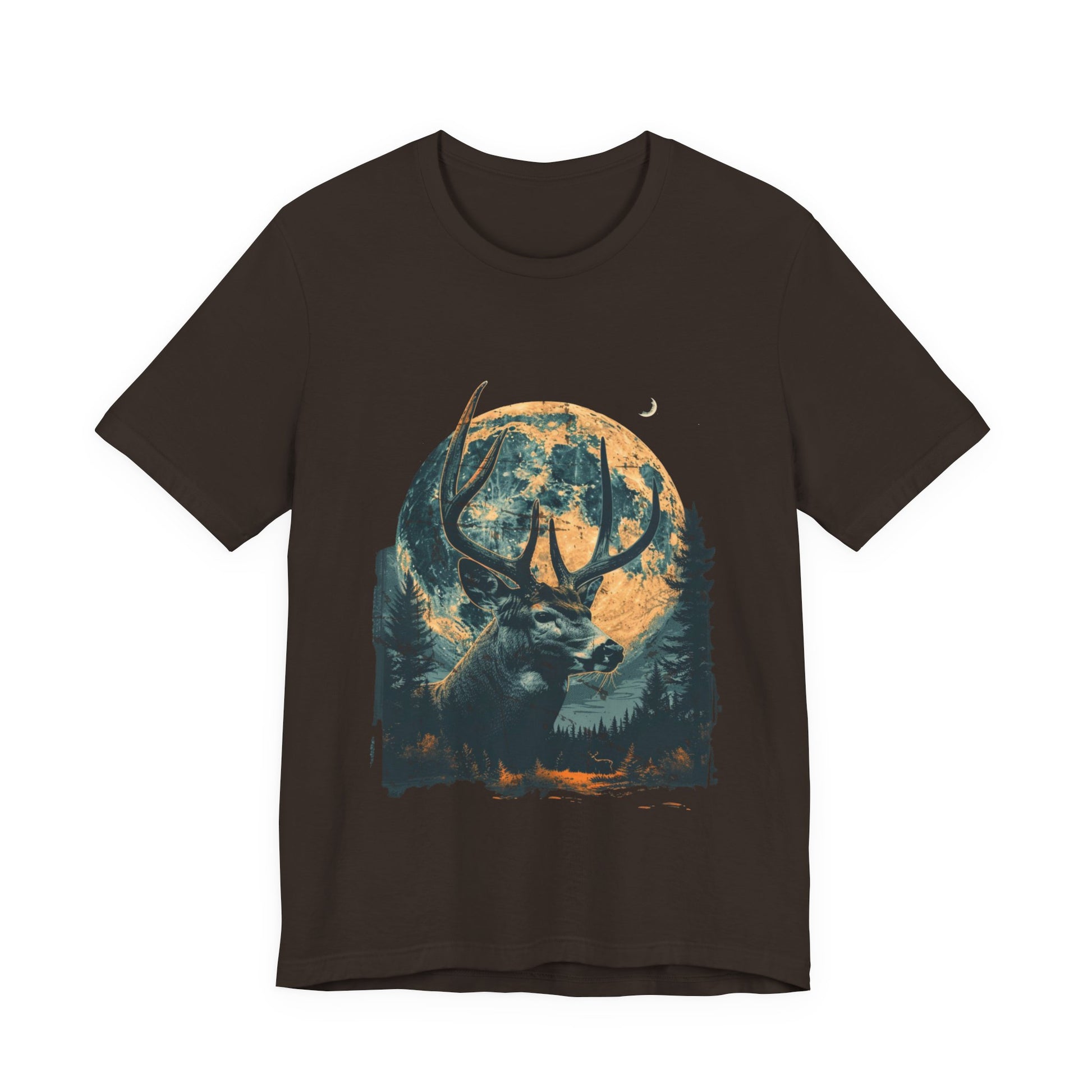 Full moon buck hunting graphic shirt in brown on a white background with vivid teal and amber wildlife art print across the chest.
