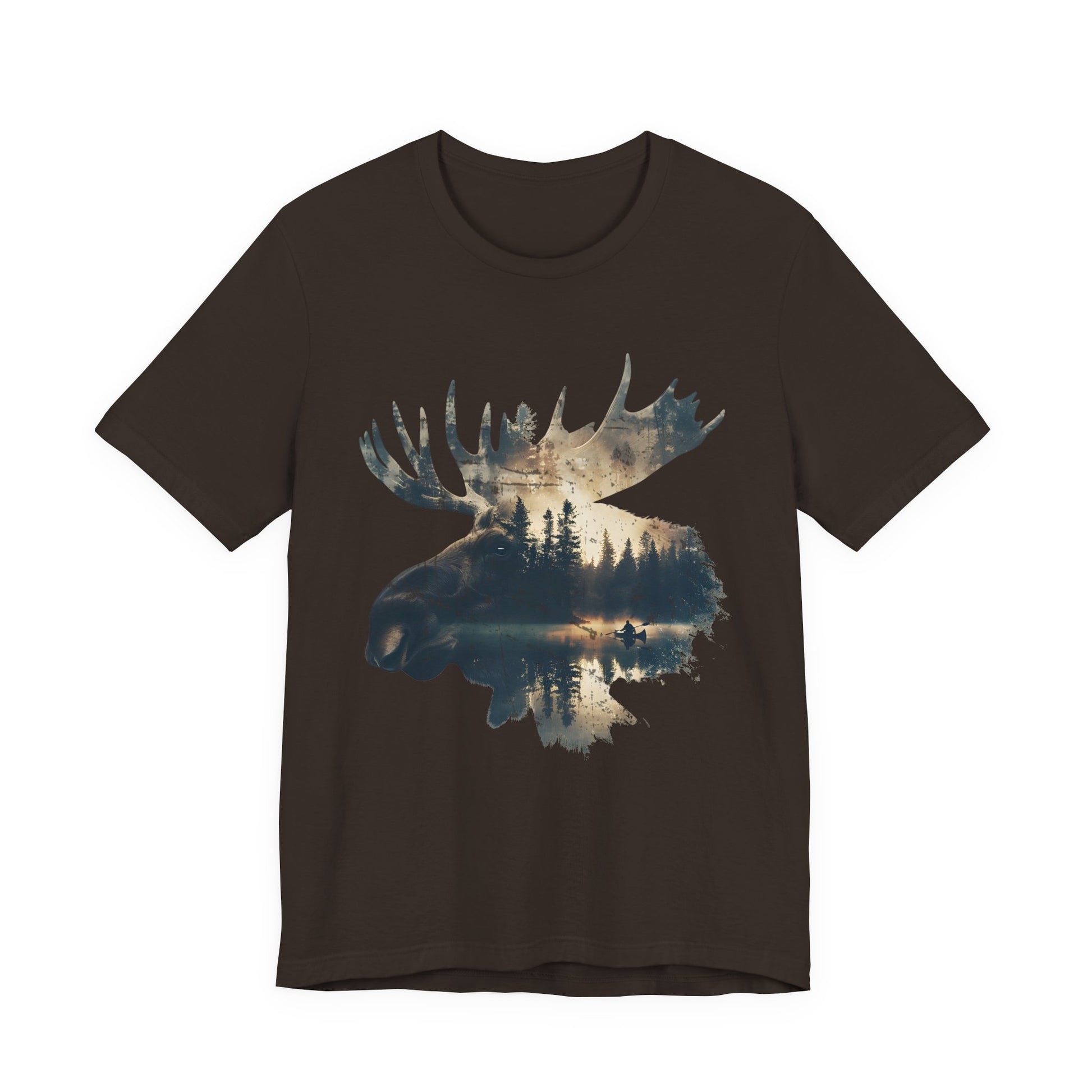 Moose double exposure wilderness graphic shirt in brown on a white background with the full-color northern landscape and canoe scene inside the moose head silhouette.