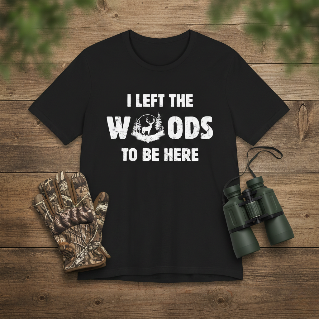 Left the Woods to Be Here funny hunting t-shirt in black laid flat on a wood surface with camo gloves and binoculars, framed by green foliage.