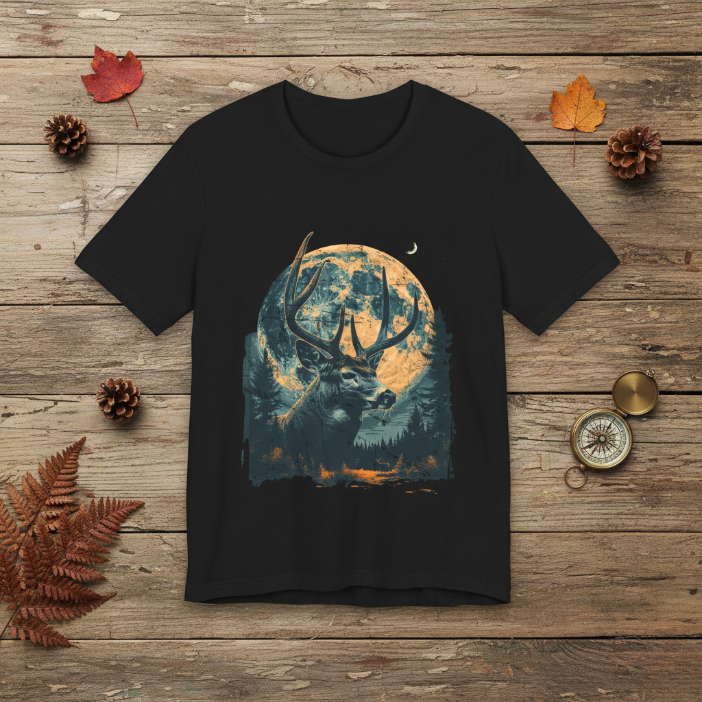 Whitetail buck full moon graphic t-shirt in black laid flat on a rustic wood surface surrounded by autumn leaves and pine cones, with a brass compass nearby.