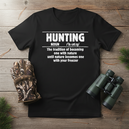 Funny hunting definition t-shirt in black laid flat on a weathered wood surface beside camo hunting gloves and a pair of binoculars.