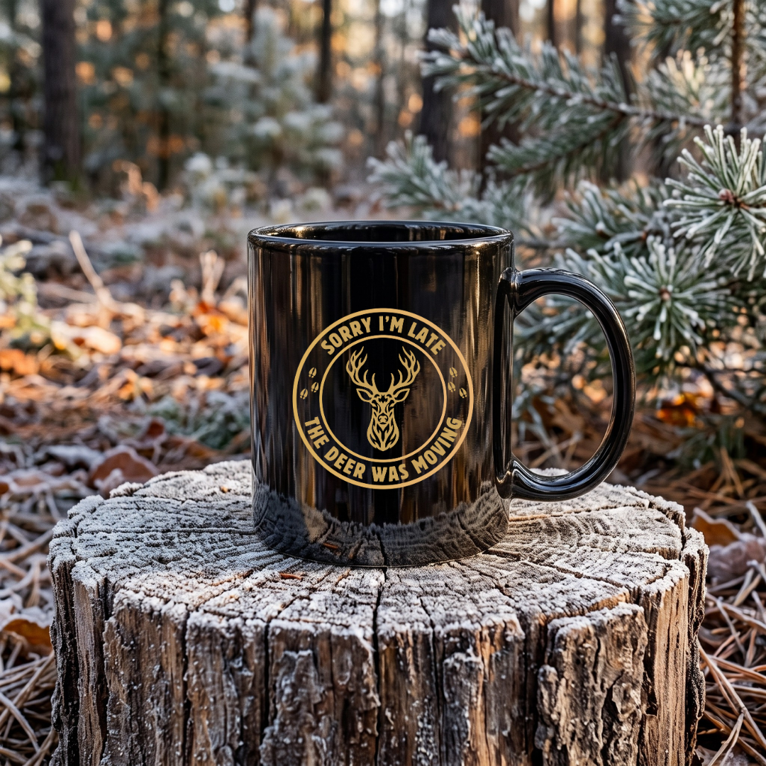 Sorry I'm Late the Deer Was Moving Black Hunting Mug