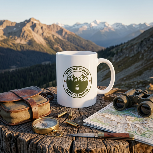 Coffee Tastes Better Above the Treeline white ceramic hunting mug on a weathered wooden stump at elevation surrounded by a compass, binoculars, topographic map, brass cartridges, and a hunting knife with mountain ridges in the background.