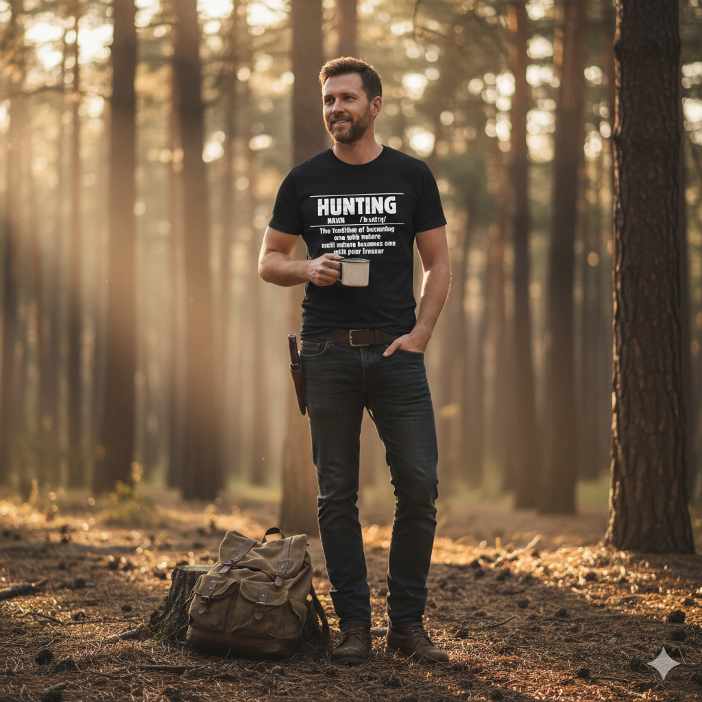 Man wearing a funny hunting noun definition graphic tee while standing in a sunlit pine forest holding a camp mug.