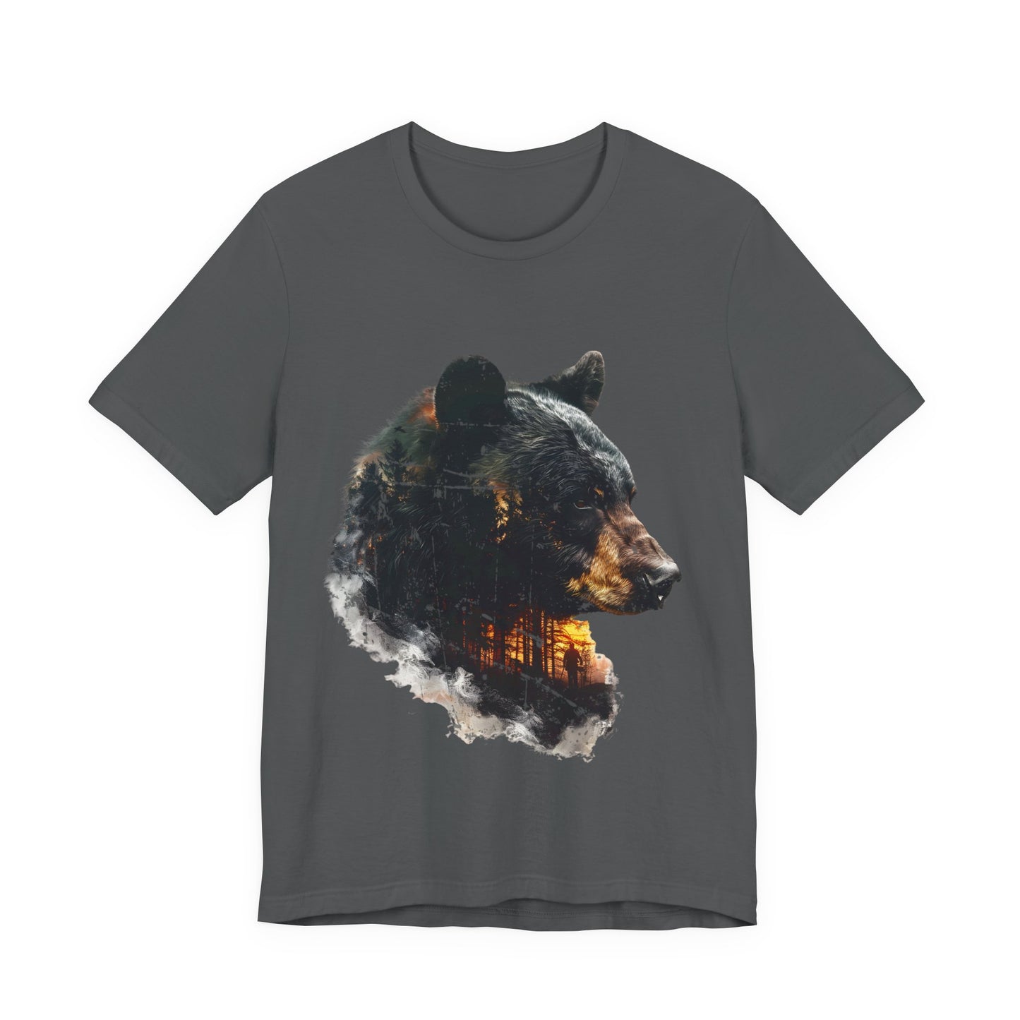 Black bear double exposure wilderness graphic t-shirt in asphalt on a white background showing the full bear silhouette with pine forest, fiery amber light, and lone hunter figure inside.
