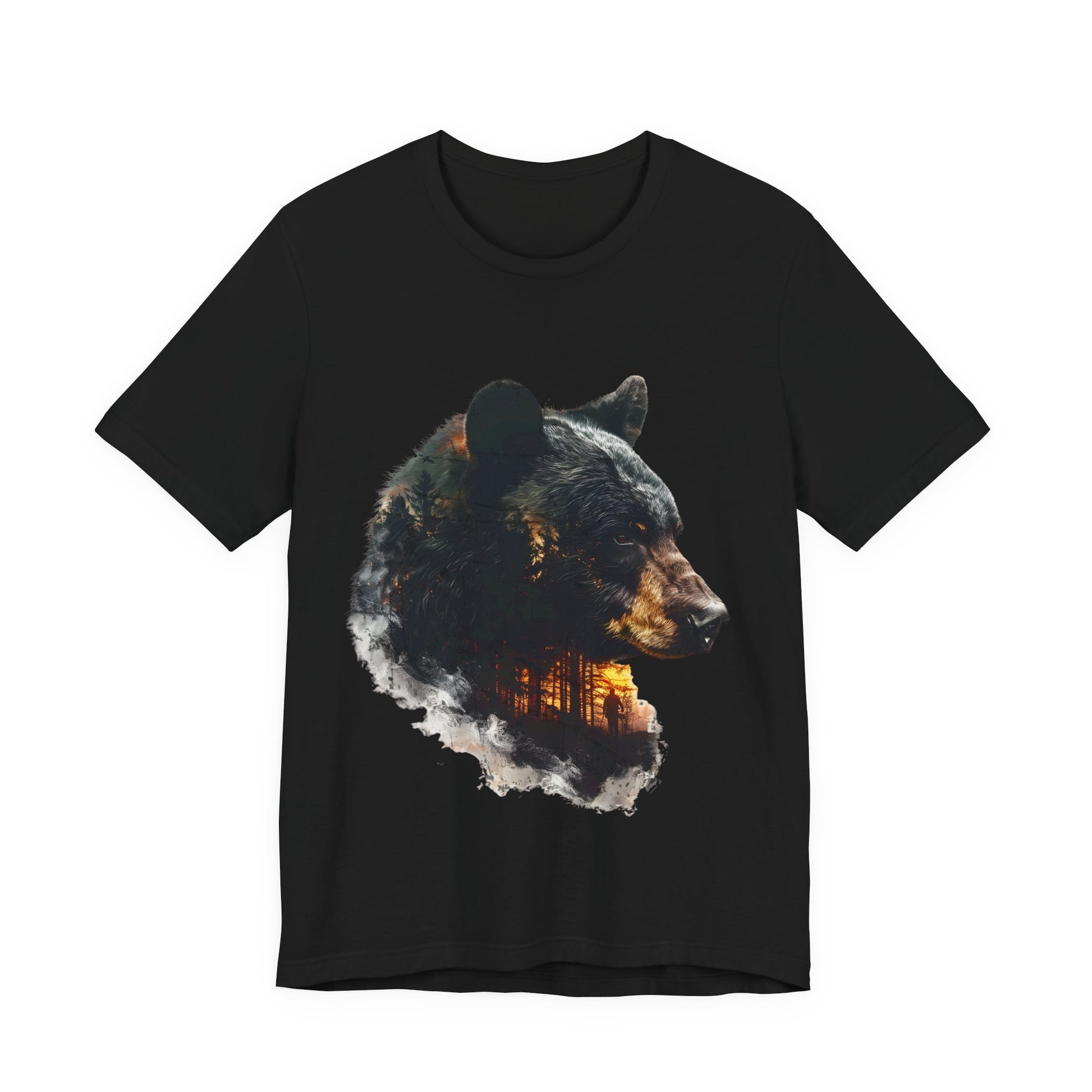Black bear forest double exposure wildlife graphic tee in black on a white background featuring a hunter figure standing in fiery amber light inside the bear silhouette.