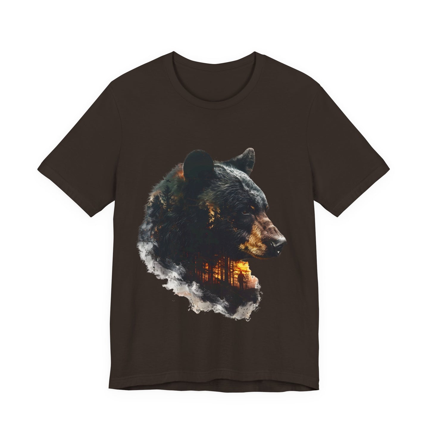 Black bear double exposure nature graphic shirt in brown on a white background with dramatic forest and amber sunset light visible inside the bear head silhouette.