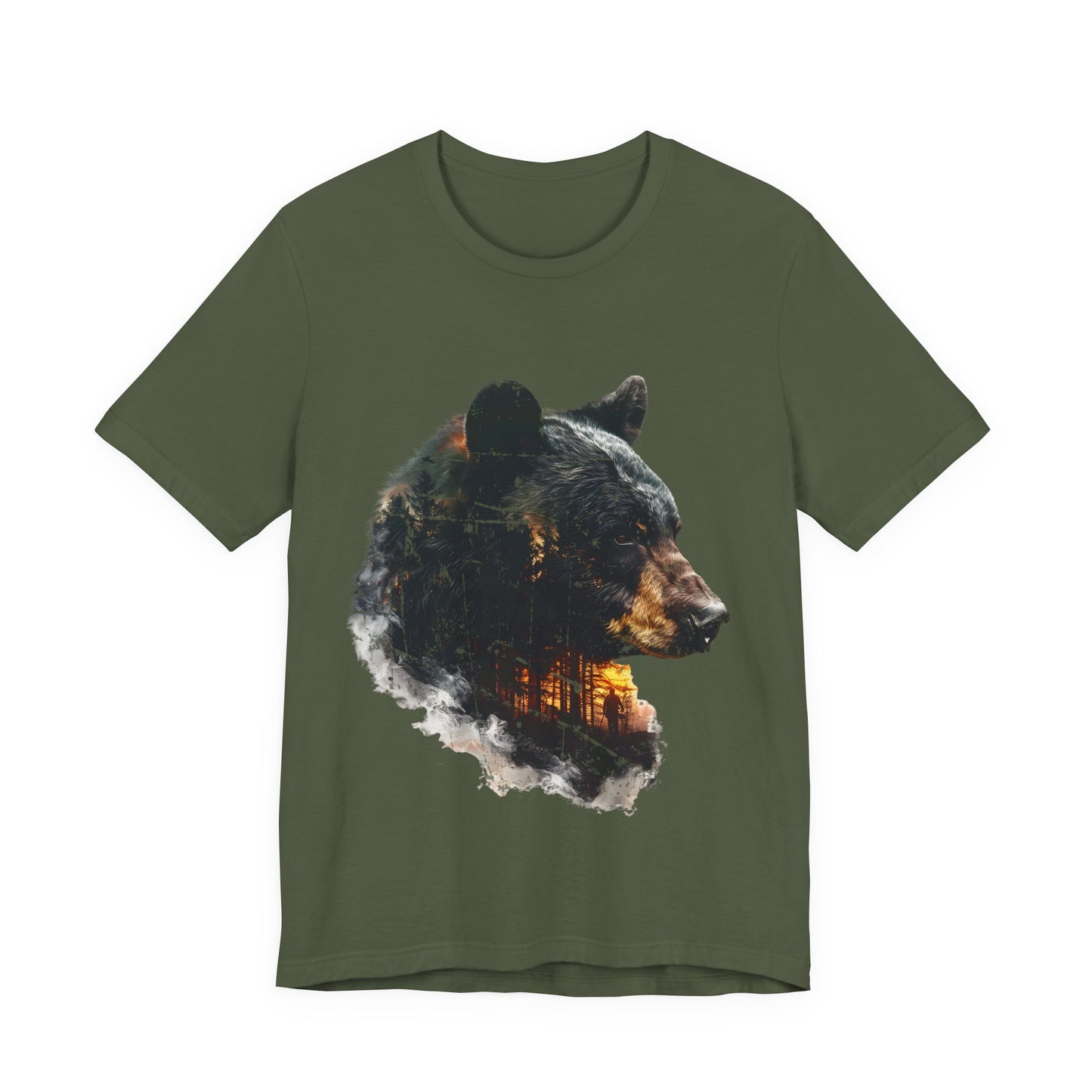 Black bear double exposure wildlife graphic tee in military green on a white background showing the dark forest, amber light, and human silhouette inside the bear profile.